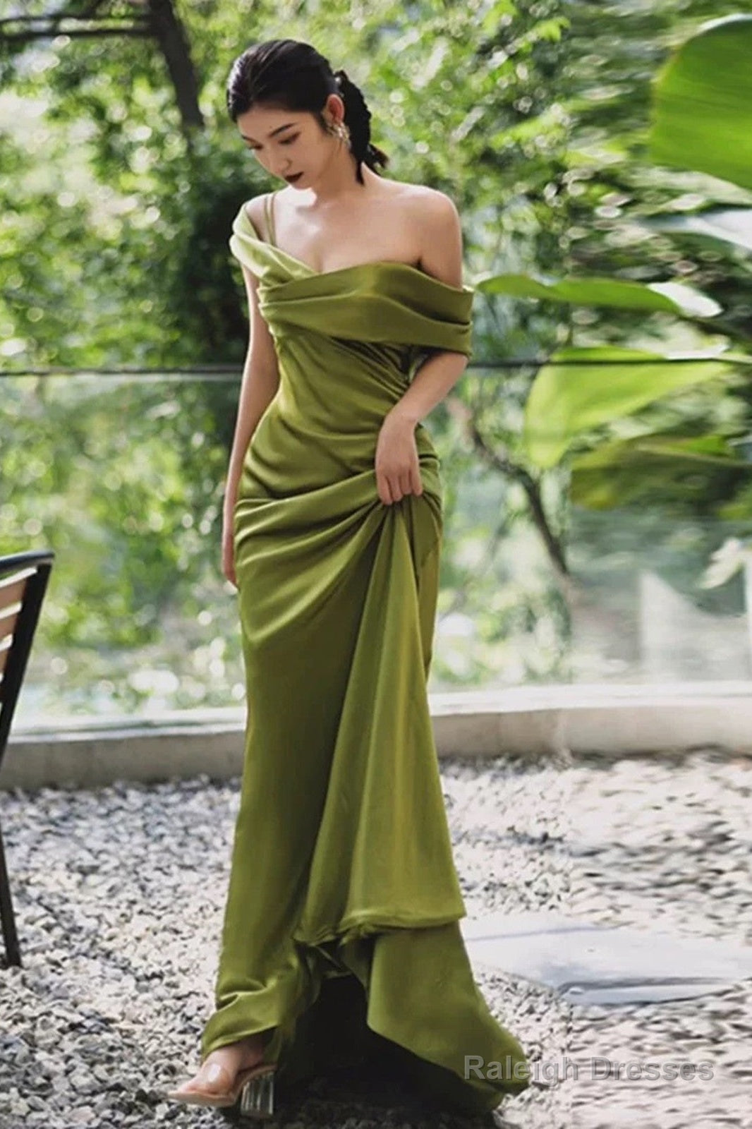Green Soft Satin Off Shoulder Long Party Dress, Green Satin Evening Dress Prom Dress Main image