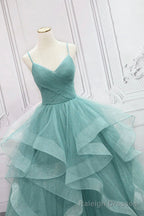 Green Spaghetti Strap Long Prom Dress, Green V Neck Tulle Prom Dress