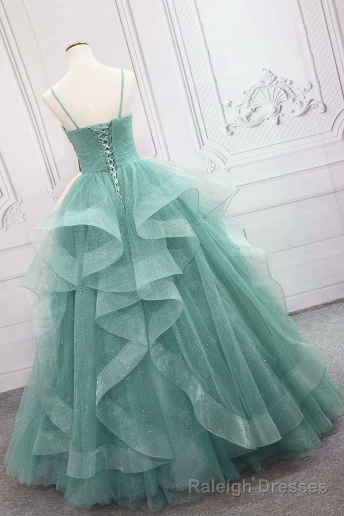 Green Spaghetti Strap Long Prom Dress, Green V-Neck Tulle Evening Dress Secondary image