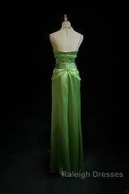 Green Spaghetti Strap Sheath Satin Beaded Prom Dress Evening Gown