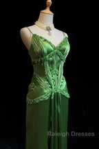 Green Spaghetti Strap Sheath Satin Beaded Prom Dress Evening Gown