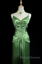 Green Spaghetti Strap Sheath Satin Beaded Prom Dress Evening Gown