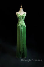 Green Spaghetti Strap Sheath Satin Beaded Prom Dress Evening Gown