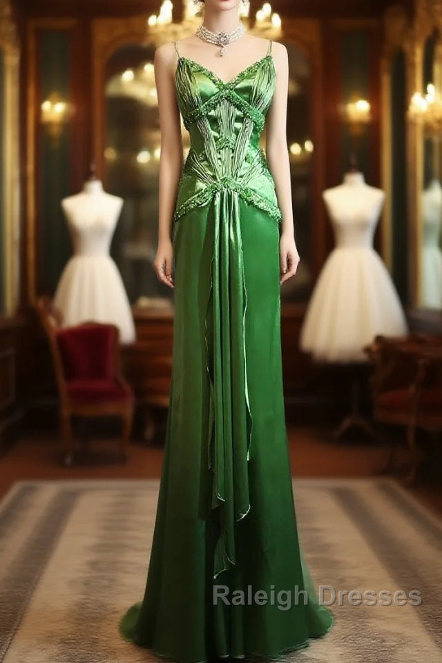 Green Spaghetti Strap Sheath Satin Beaded Prom Dress Evening Gown