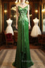 Green Spaghetti Strap Sheath Satin Beaded Prom Dress Evening Gown