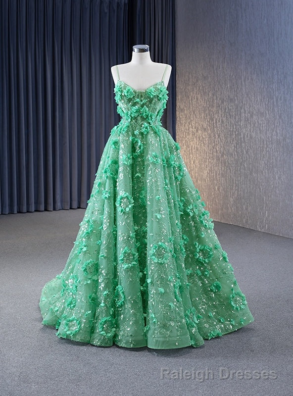 Green Spaghetti Straps 3D Flower prom Dress Main image