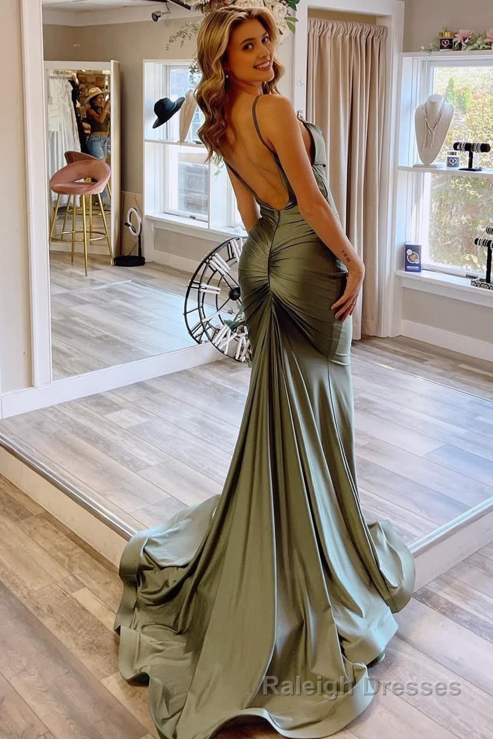 Green Spaghetti Straps Satin Backless Mermaid Prom Dress Secondary image