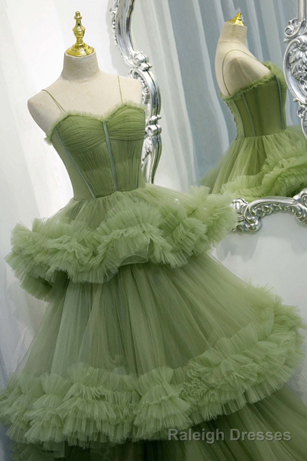 Green Spaghetti Straps Tulle Layers Long Formal Dress, Green Evening Party Dress Secondary image