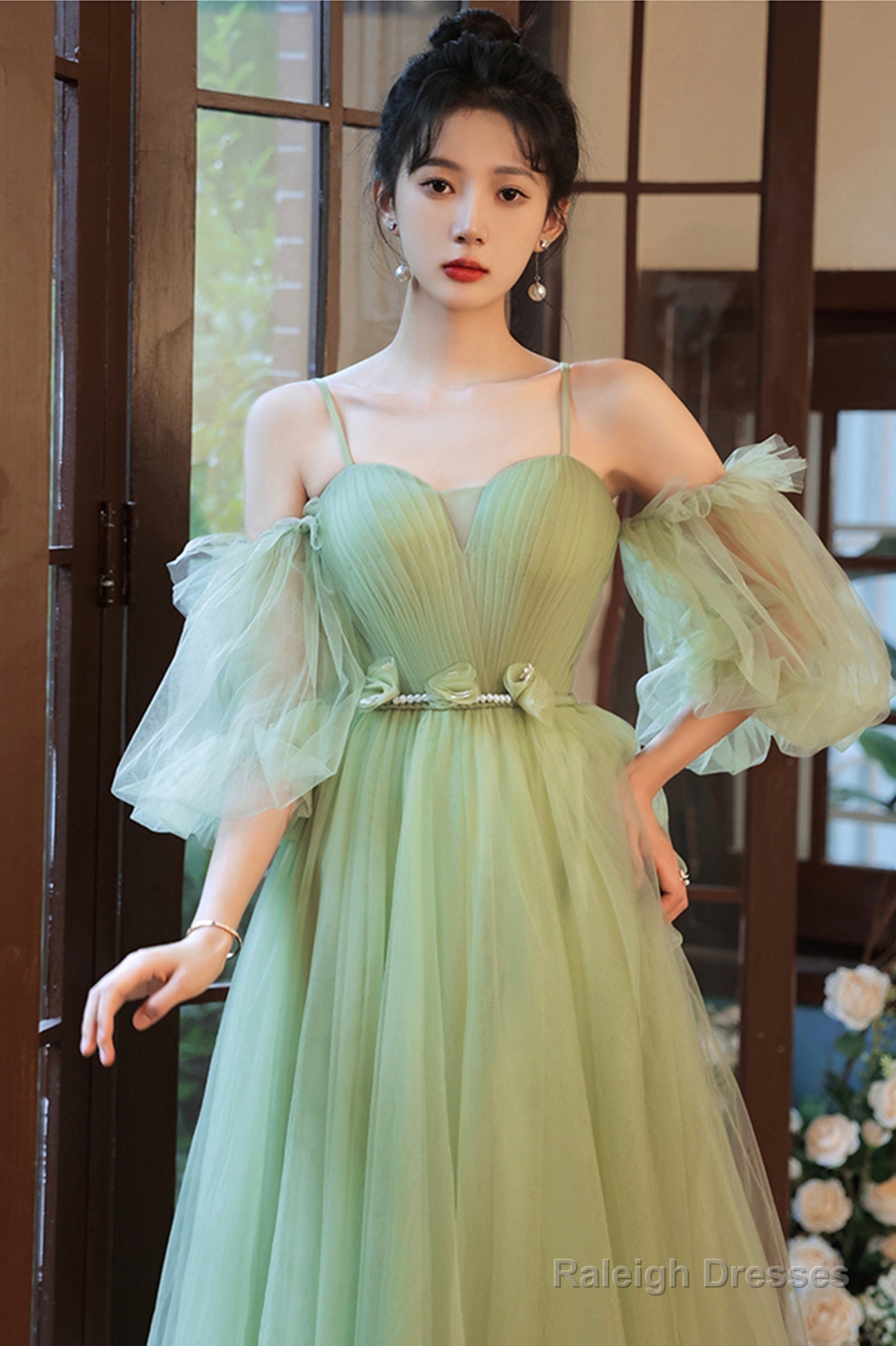 Green Spaghetti Straps Tulle Party Dress, Green Sweetheart Long Prom Dress Secondary image