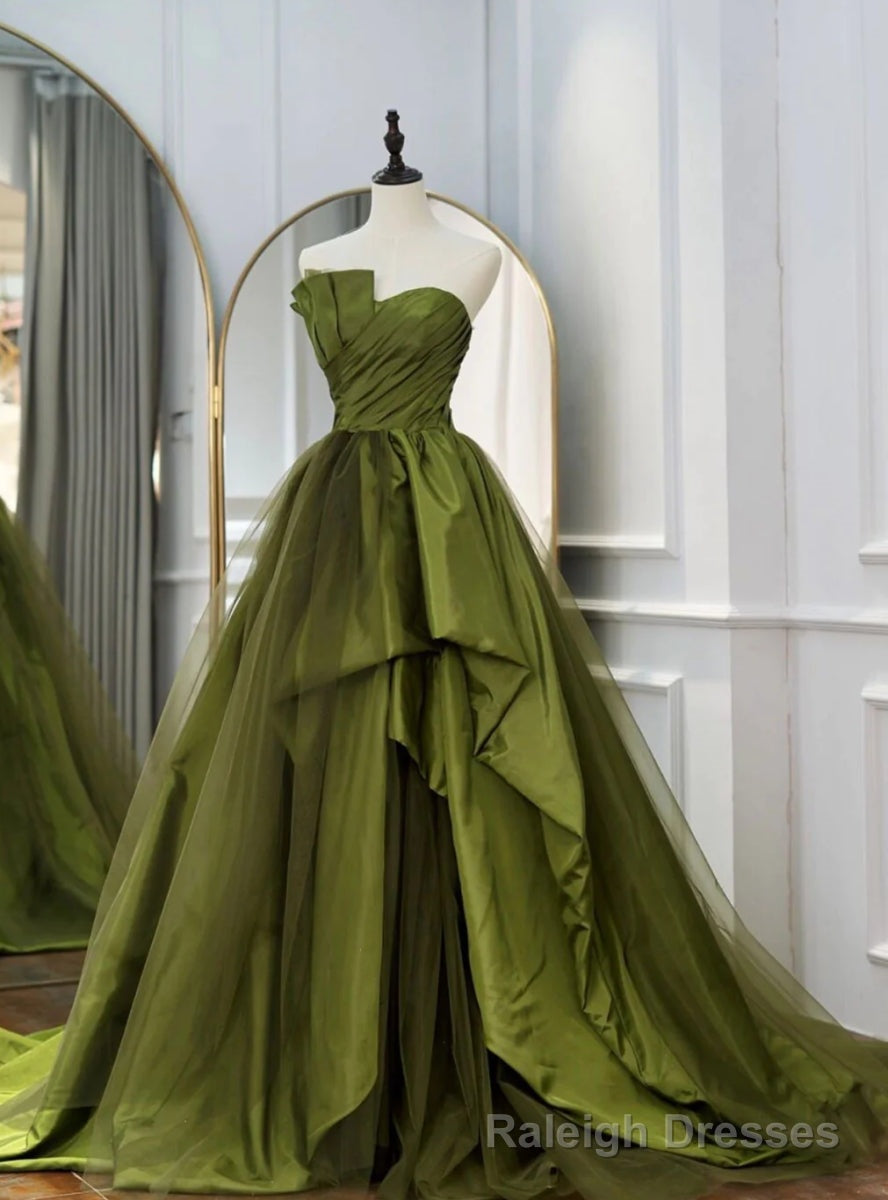 Green Strapless Satin Pleats Prom Dress Main image