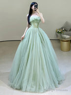 Green Strapless Tulle Floor Length Prom Dress, Beautiful Green Evening Dress
