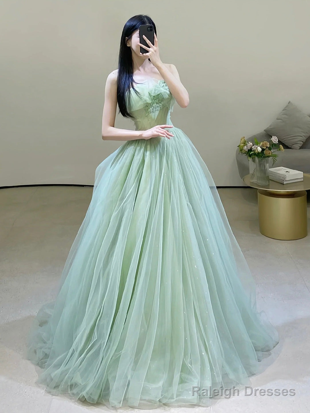 Green Strapless Tulle Floor Length Prom Dress, Beautiful Green Evening Dress Main image