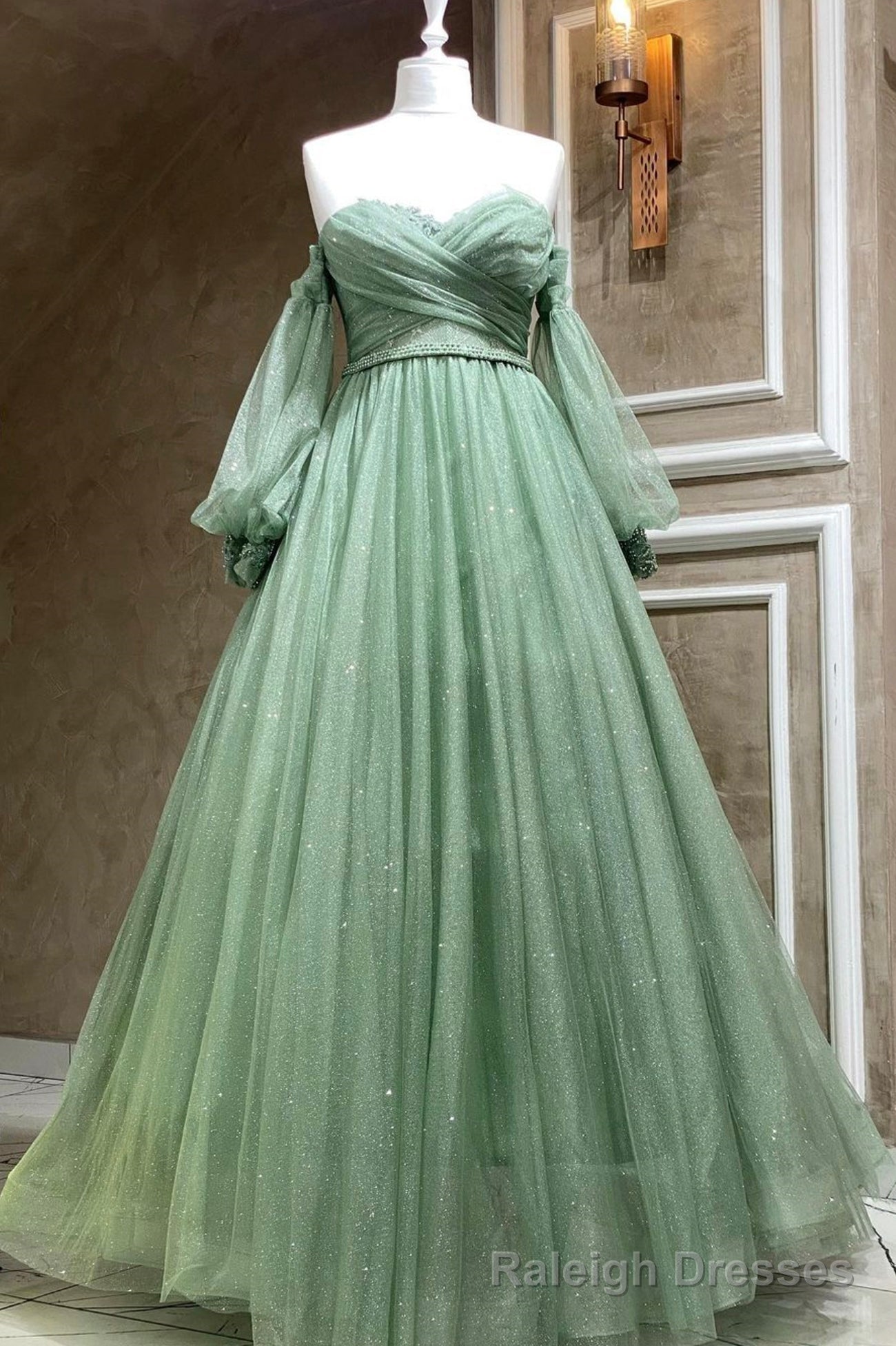 Green Strapless Tulle Long Sleeve Prom Dress, Green A-Line Evening Party Dress Main image