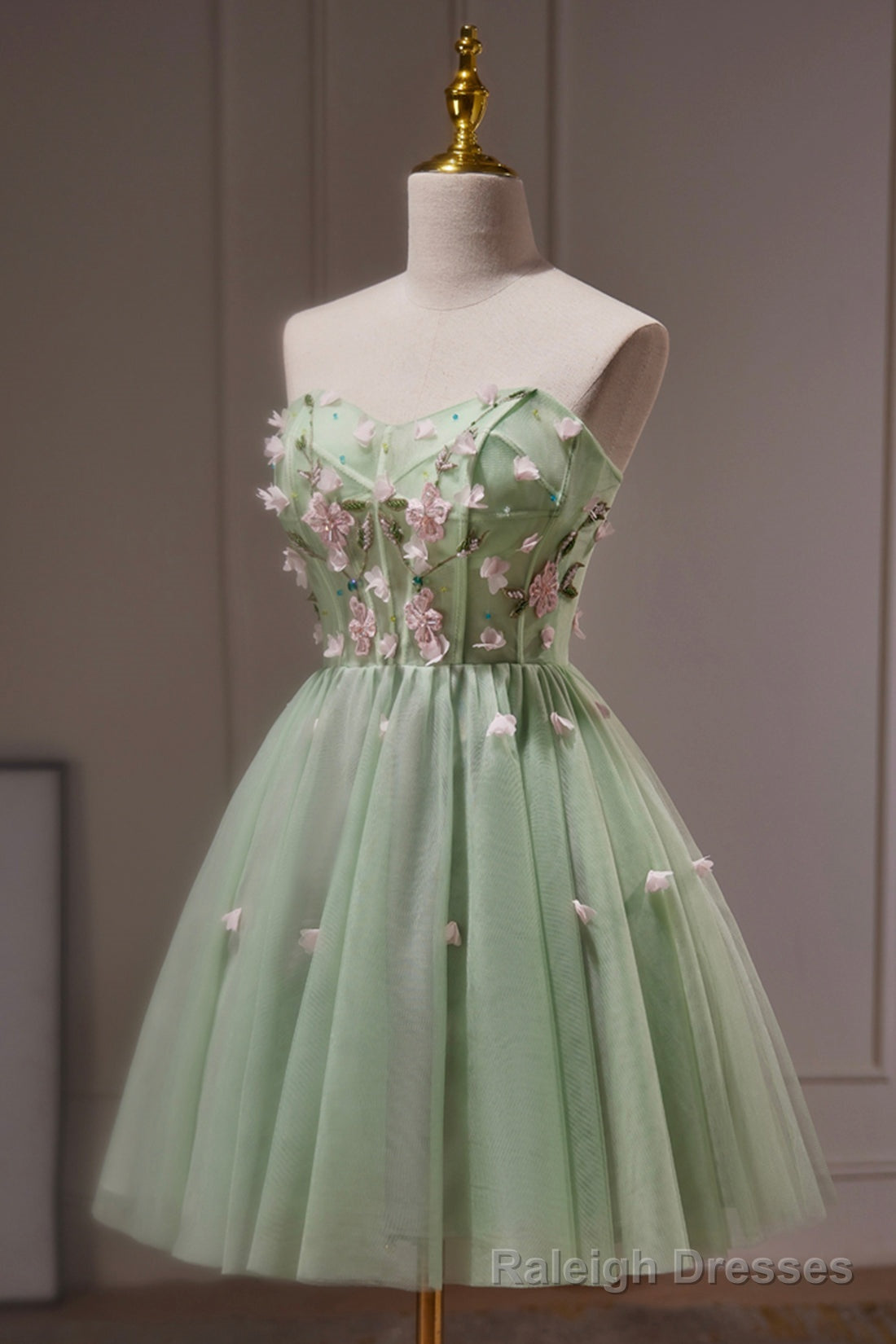 Green Strapless Tulle Short Prom Dress with Lace, Green Party Dress Main image