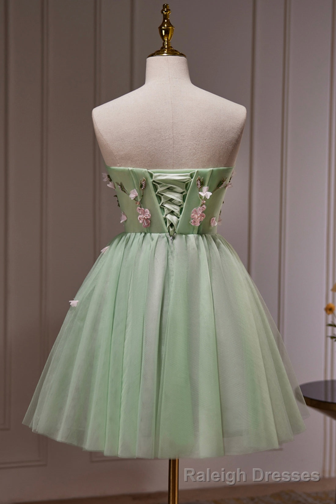 Green Strapless Tulle Short Prom Dress with Lace, Green Prom Dress