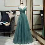 Green Straps V-neckline Floor Length Party Dress, Simple Junior Prom Dresses