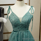 Green Straps V Neckline Floor Length Prom Dress, Simple Junior Prom Dresses