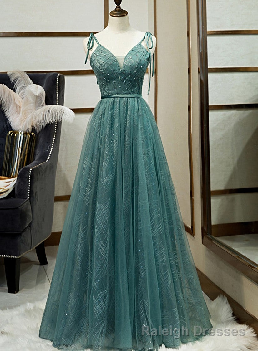 Green Straps V Neckline Floor Length Prom Dress, Simple Junior Prom Dresses
