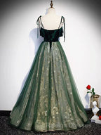 Green Straps Velvet Long Lace Prom Dresses