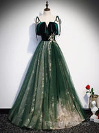 Green Straps Velvet Long Lace Prom Dresses