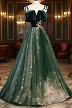 Green Straps Velvet Long Lace Prom Dresses