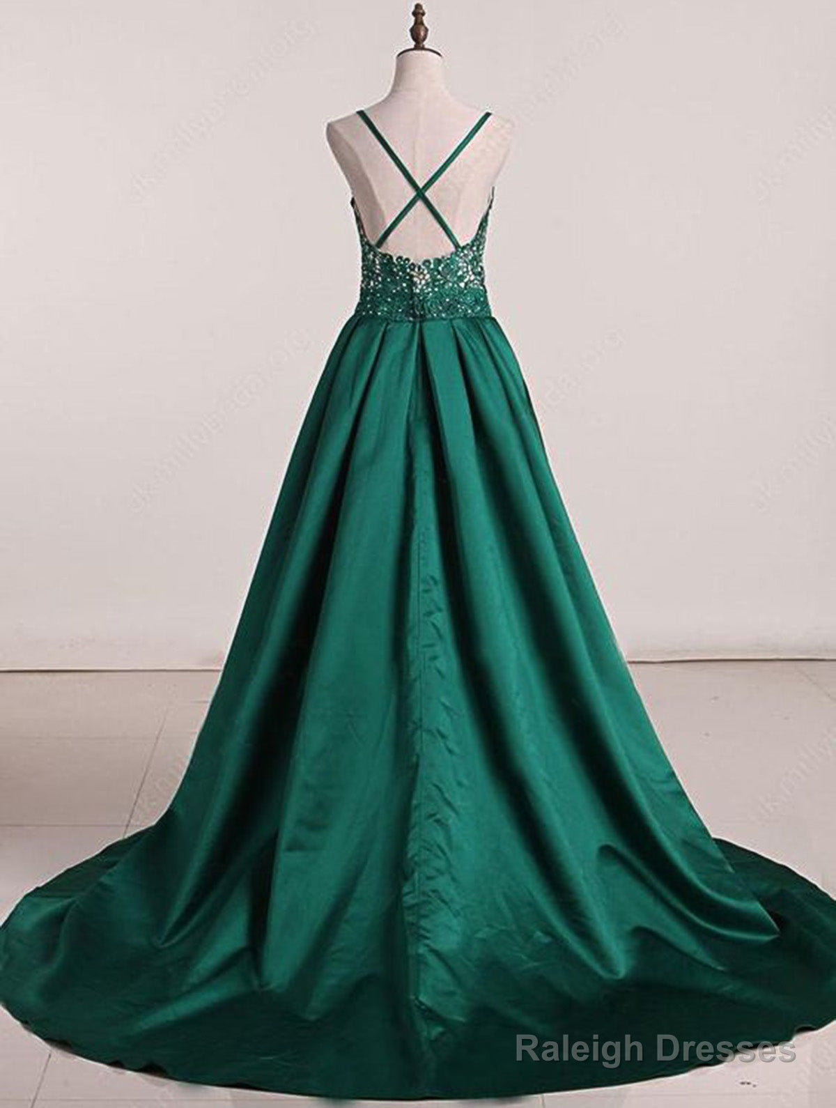 Green Sweep Train Satin Open Back Prom Dresses Secondary image