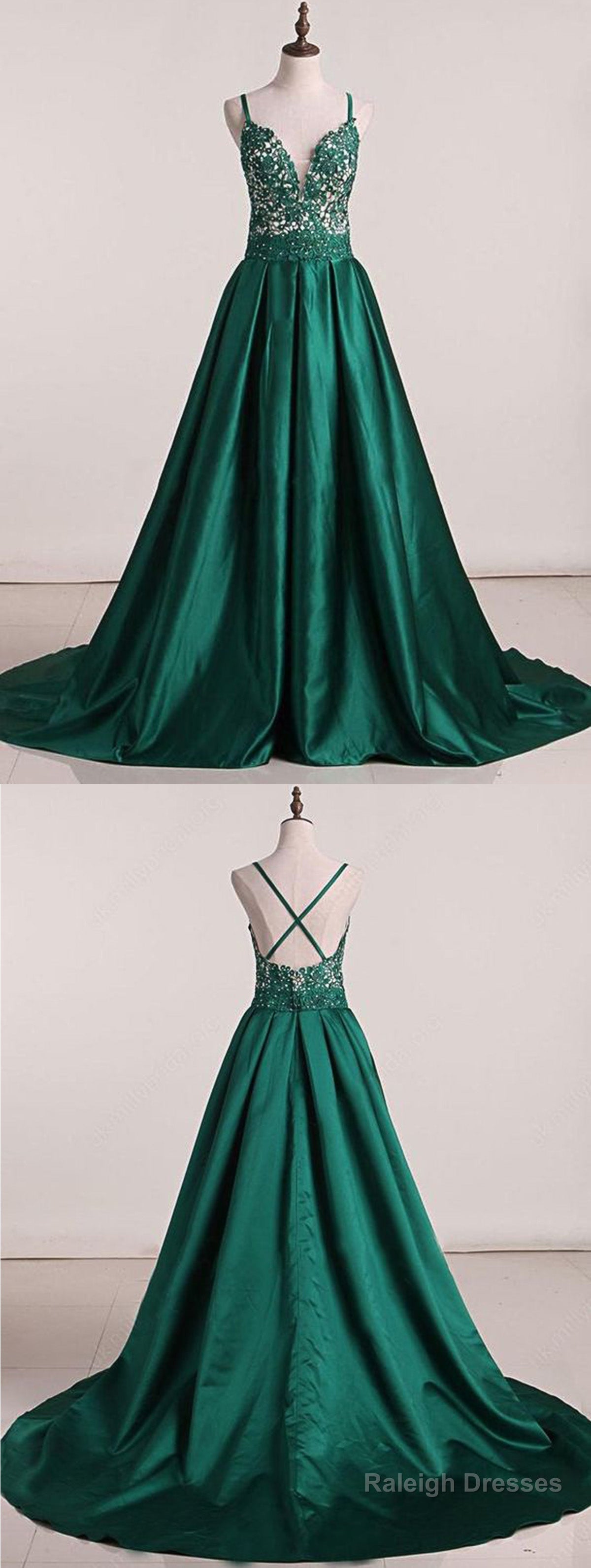 Green Sweep Train Satin Open Back Prom Dresses