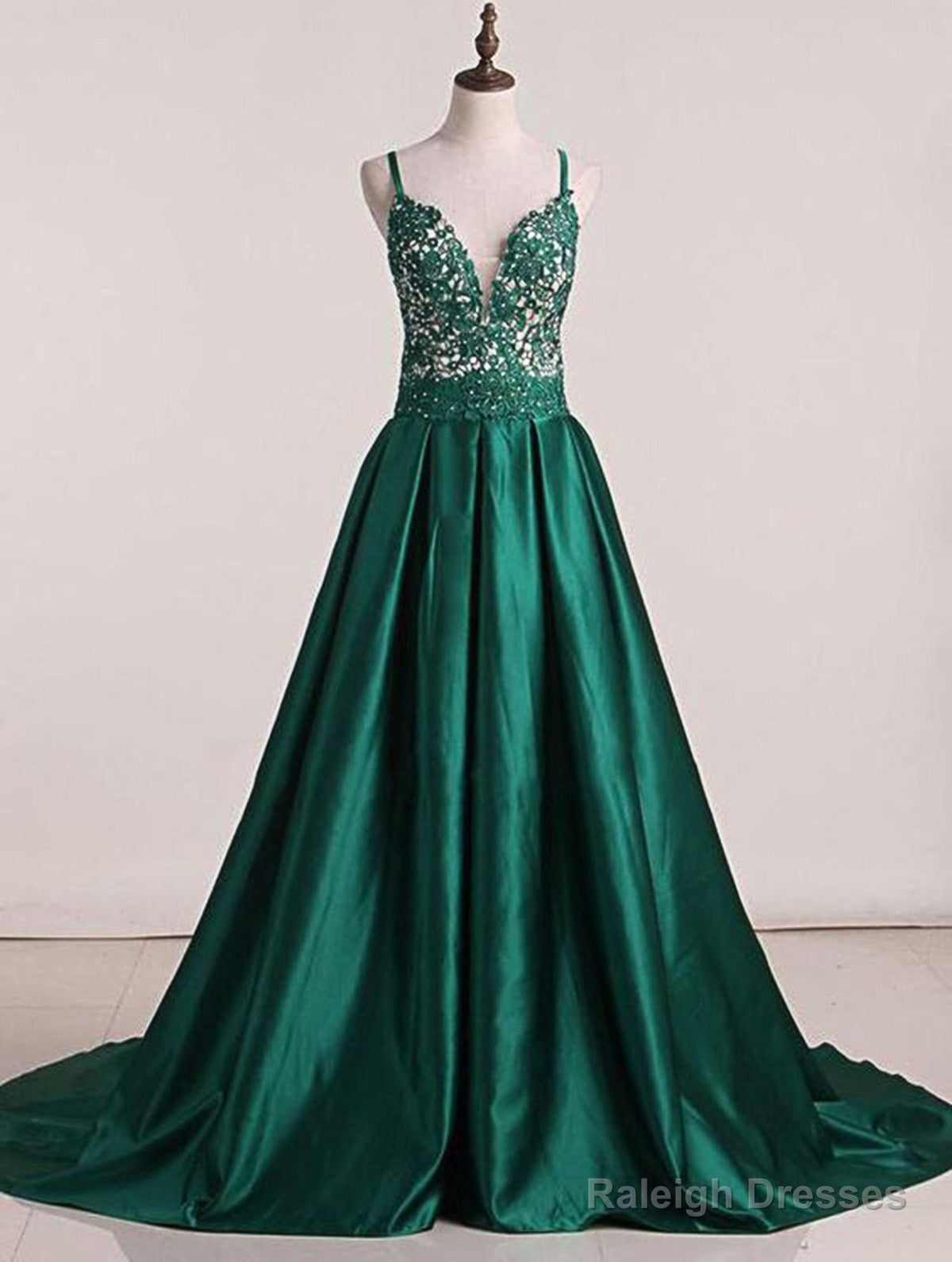 Green Sweep Train Satin Open Back Prom Dresses Main image