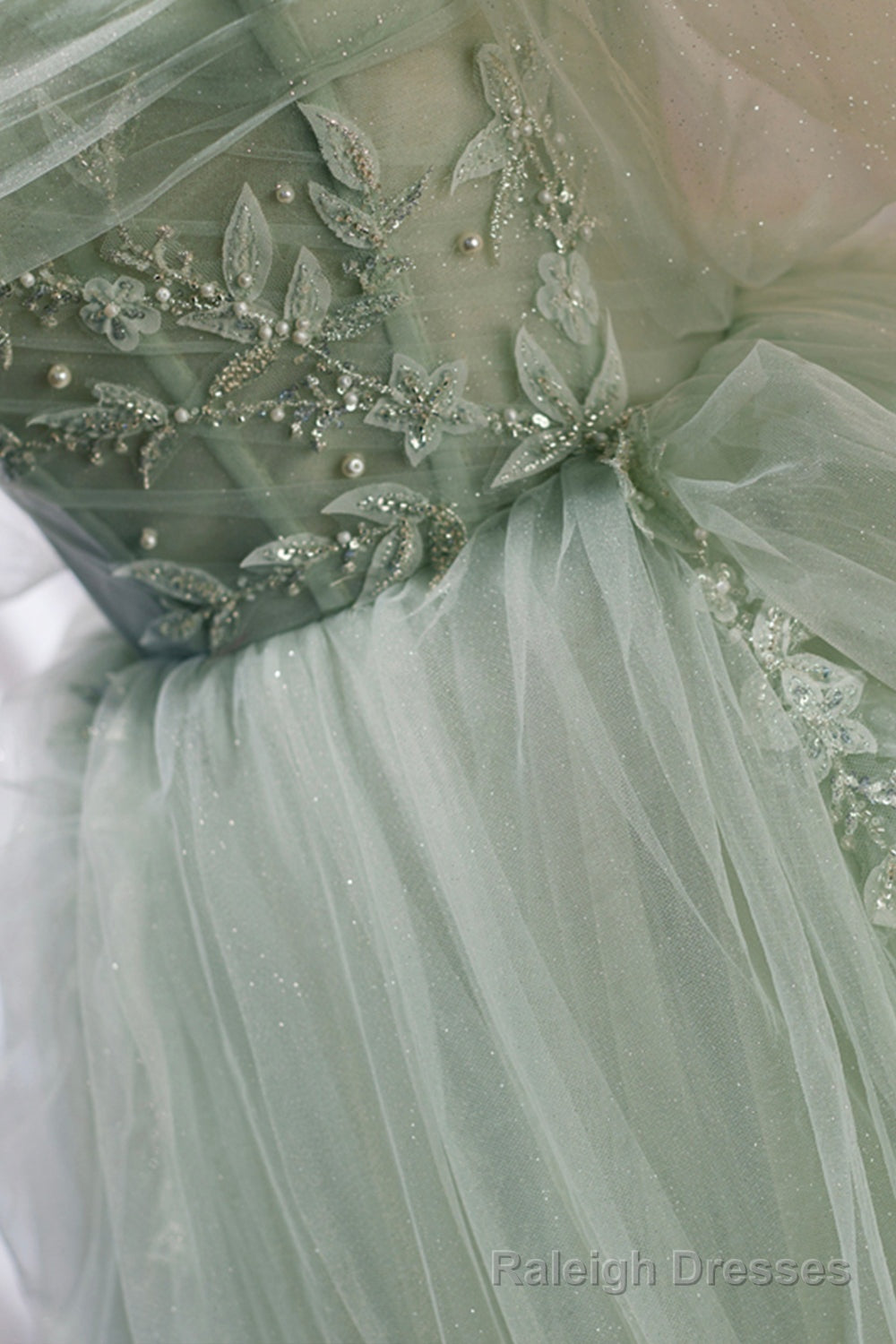 Green Sweetheart Beaded Tulle Long Prom Dress, Green Prom Dress