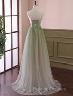 Green Sweetheart Gradient Beaded Tulle Floor Length Party Dress, Green Junior Prom Dresses