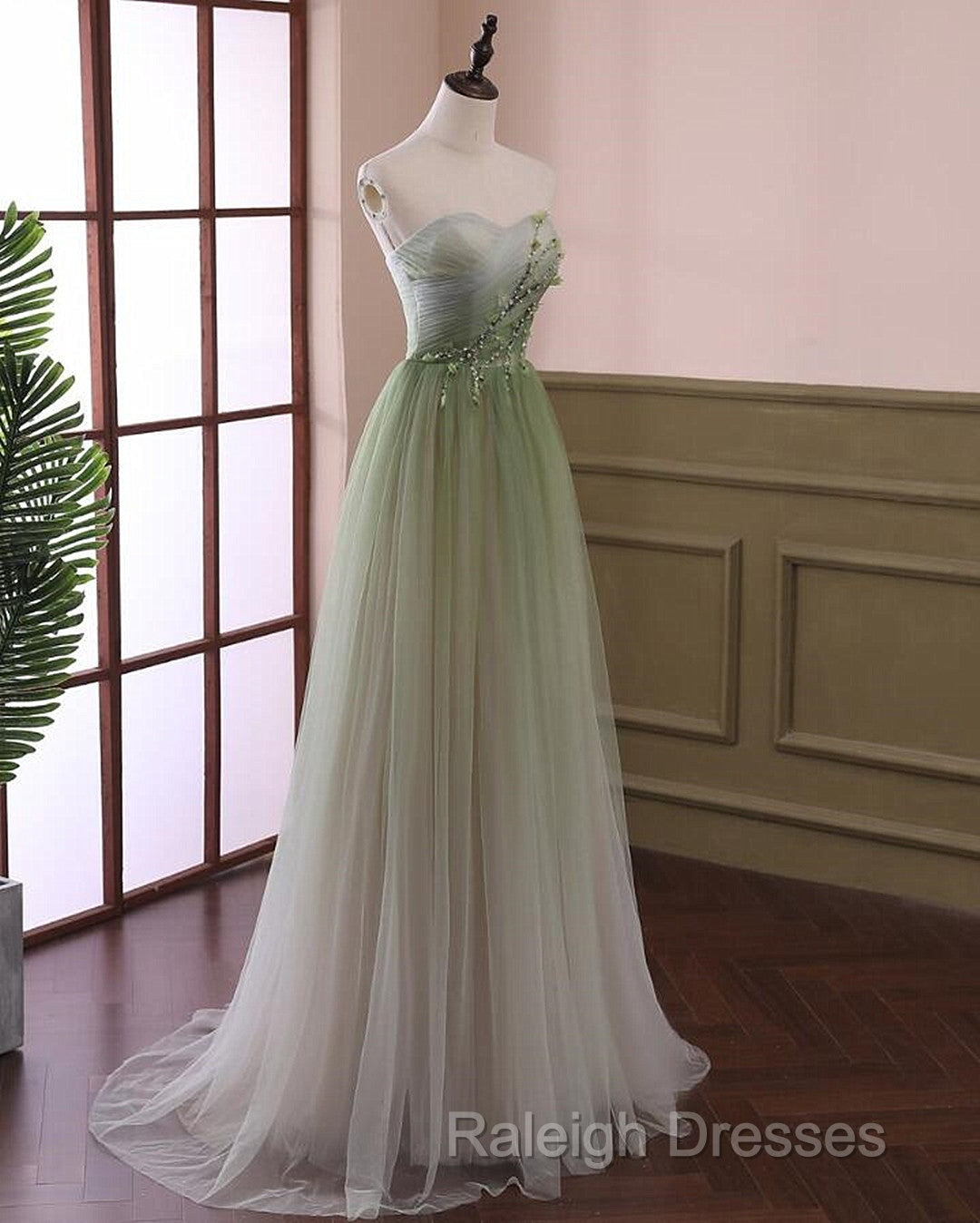 Green Sweetheart Gradient Beaded Tulle Floor Length Party Dress, Green Junior Prom Dresses