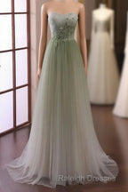 Green Sweetheart Gradient Beaded Tulle Floor Length Party Dress, Green Junior Prom Dresses