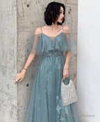 Green Sweetheart Lace Tulle Long Party Dress, Green A-Line Evening Dresses