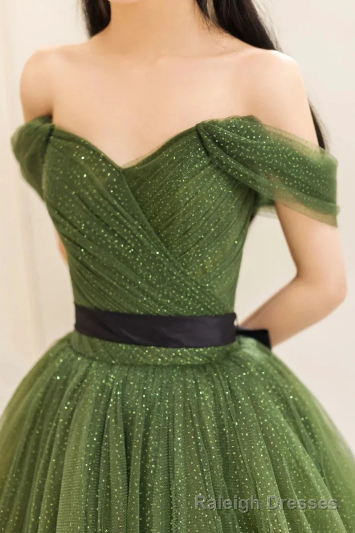 Green Sweetheart Shiny Tulle Off Shoulder Party Dress, Green Long Prom Dress Secondary image