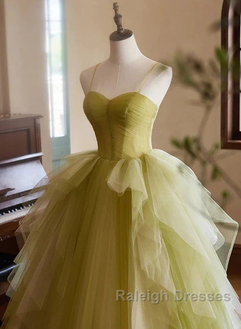 Green Sweetheart Straps Tulle Long Party Dress Prom Dress A Line December Wedding Guest Dress