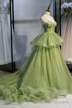 Green Sweetheart Tulle Long Prom Dress, A Line Prom Graduation Dress