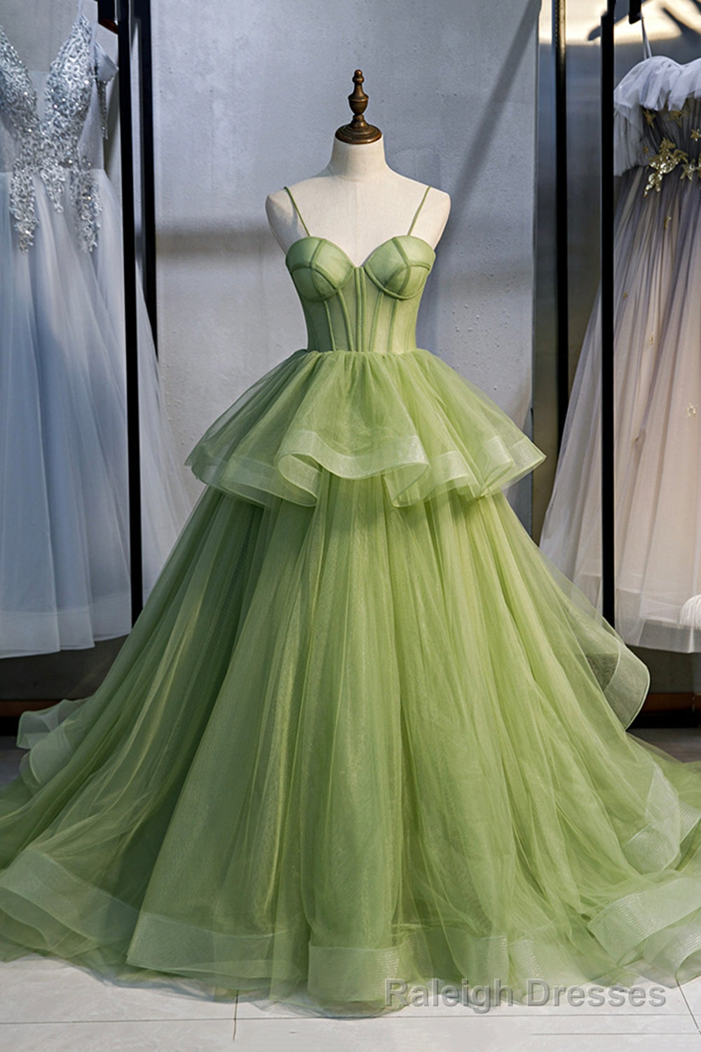 Green Sweetheart Tulle Long Prom Dress, A Line Prom Graduation Dress