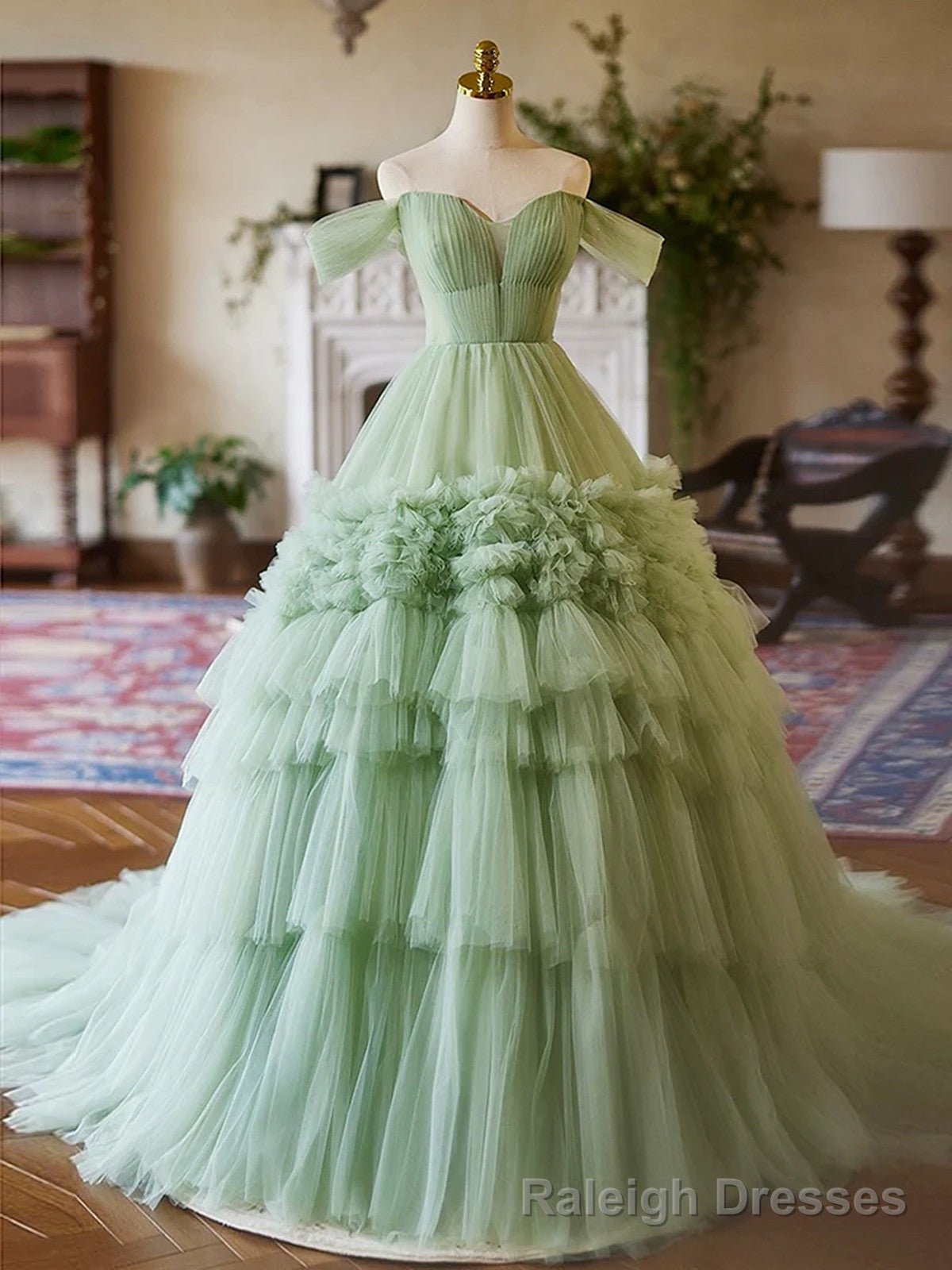 Green Sweetheart Tulle Off Shoulder Layers Long Formal Dress, Green Sweet 16 Dress Main image
