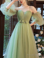 Green Tulle A Line Long Prom Dress, Green Tulle Formal Dress