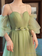 Green Tulle A Line Long Prom Dress, Green Tulle Formal Dress
