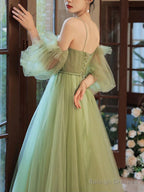 Green Tulle A Line Long Prom Dress, Green Tulle Formal Dress