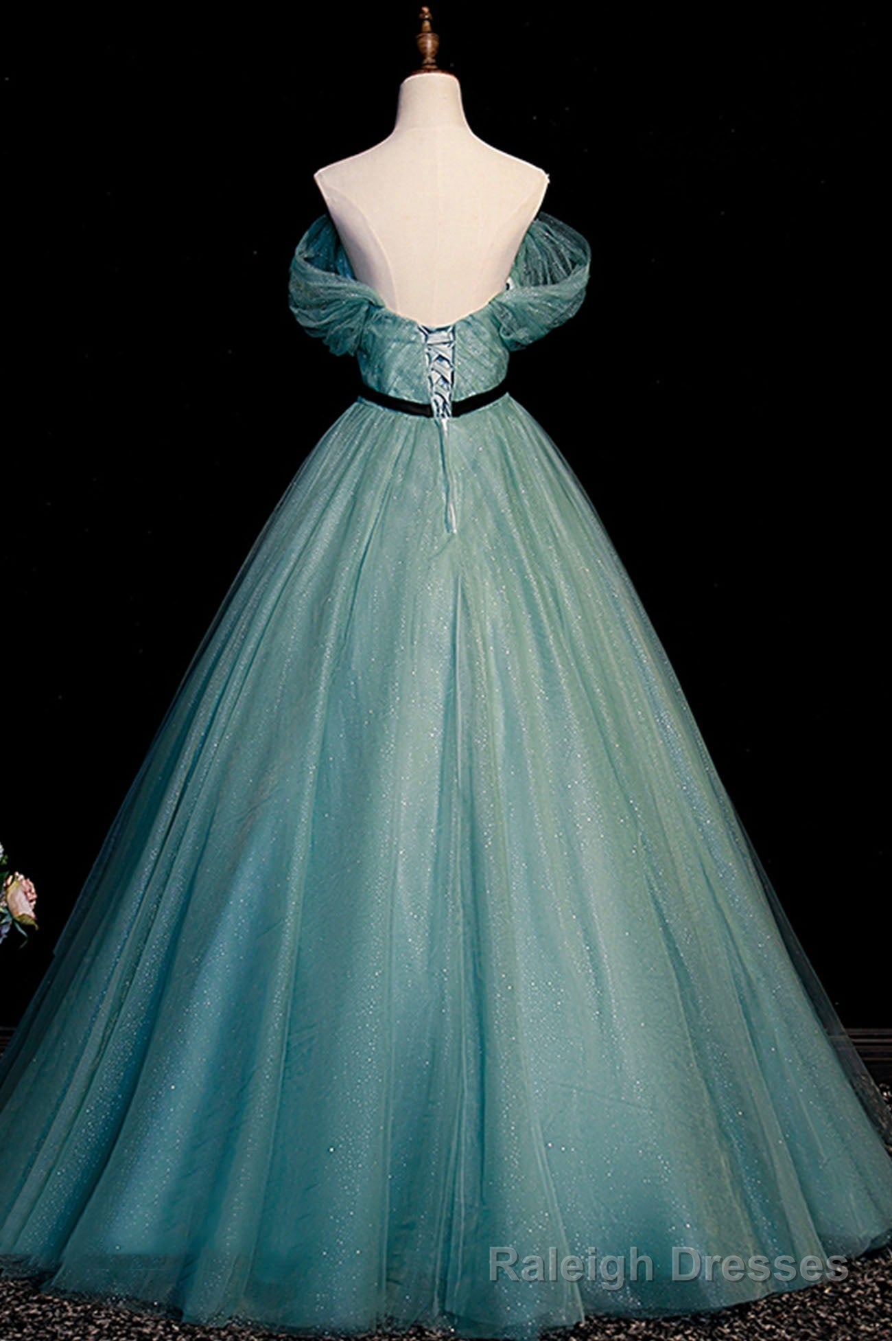 Green Tulle A Line Off Shoulder Prom Dress, Simple Long Prom Dress