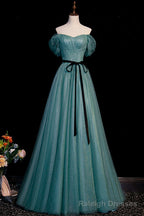 Green Tulle A Line Off Shoulder Prom Dress, Simple Long Prom Dress