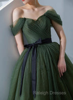 Green Tulle A-Line Off Shoulder Prom Dress, Green Tull Long Formal Dress Evening Dress