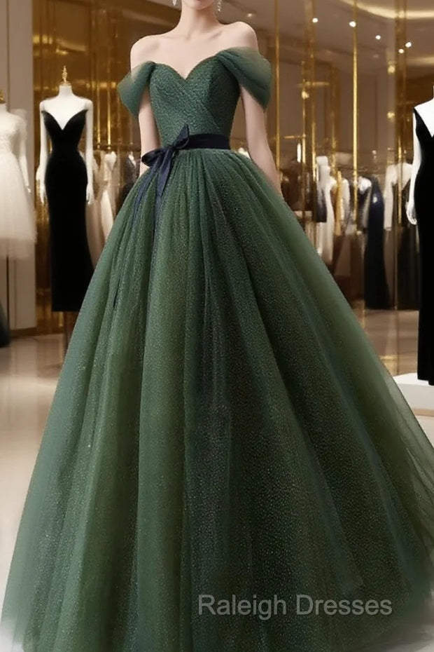 Green Tulle A-Line Off Shoulder Prom Dress, Green Tull Long Formal Dress Evening Dress Main image