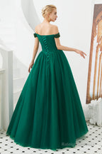 Tulle A line Off Shoulder Sweetheart Beaded Bodice Long Prom Dresses