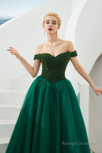 Tulle A line Off Shoulder Sweetheart Beaded Bodice Long Prom Dresses