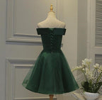 Green Tulle And Satin Lovely Short Prom Dresses Off Shoulder Prom Dresses