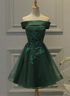 Green Tulle And Satin Lovely Short Prom Dresses Off Shoulder Prom Dresses