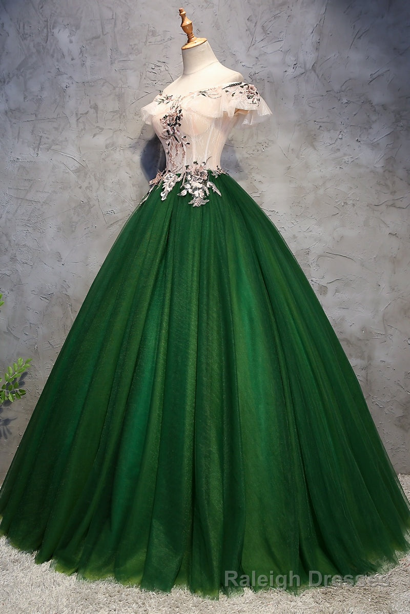 Green Tulle Ball Gowns with Lace Off Shoulder Sweet 16 Dress, Ball Gowns Prom Dress Formal Dress